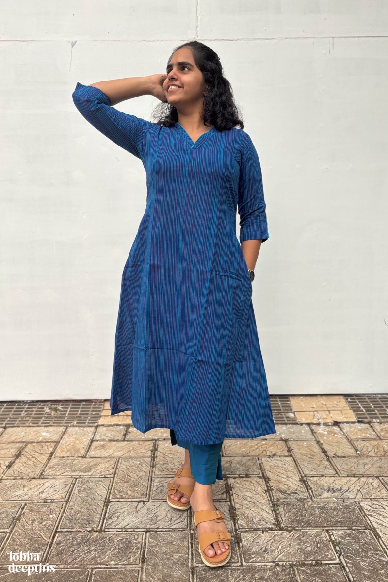 Navy Blue South Cotton Kurta - Lobha Deepthis