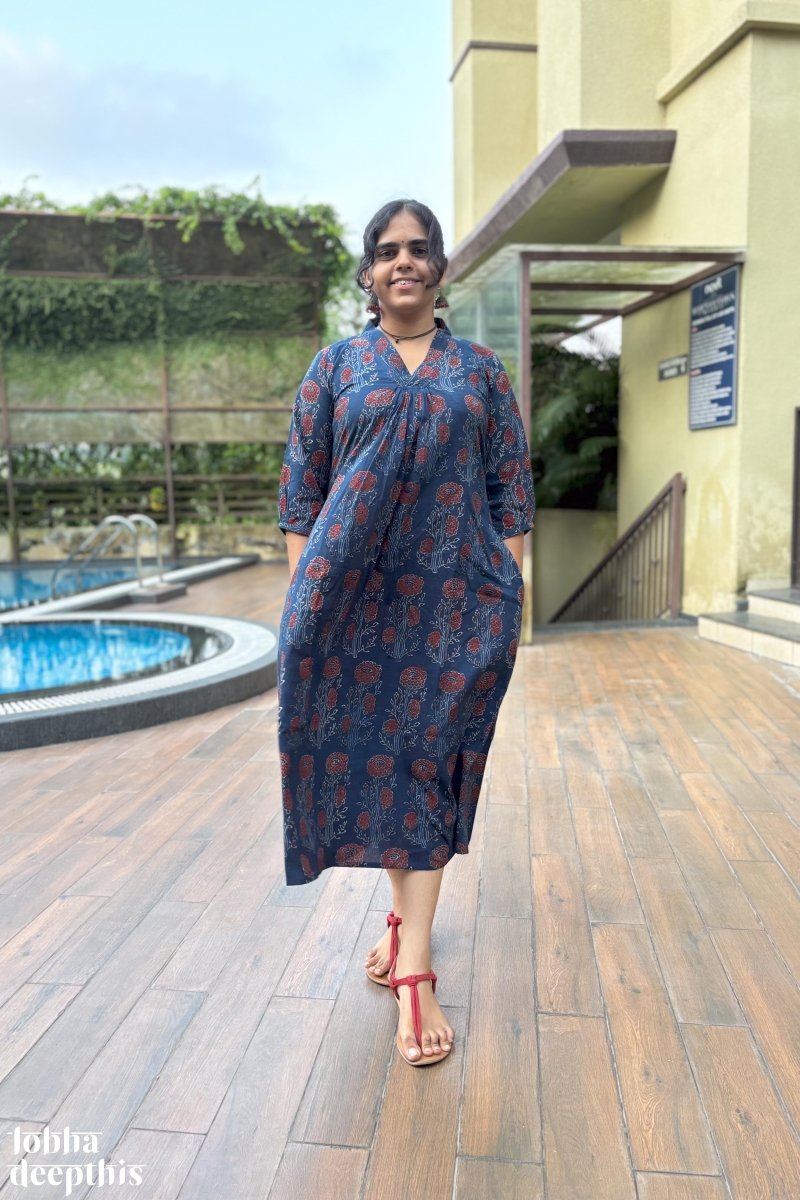 Nila Gulabo Ajrakh Dress - Lobha Deepthis