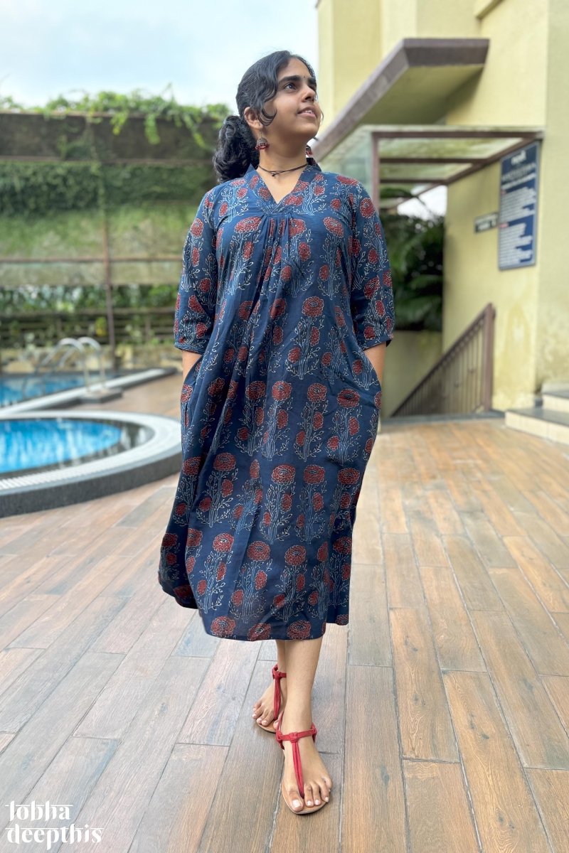Nila Gulabo Ajrakh Dress - Lobha Deepthis