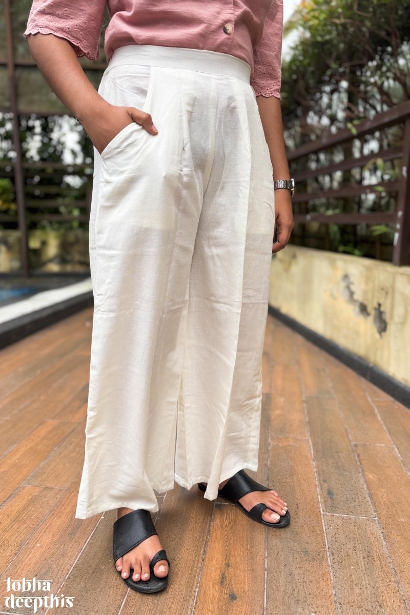 Off White Cotton Flax Parallel Pants - Lobha Deepthis