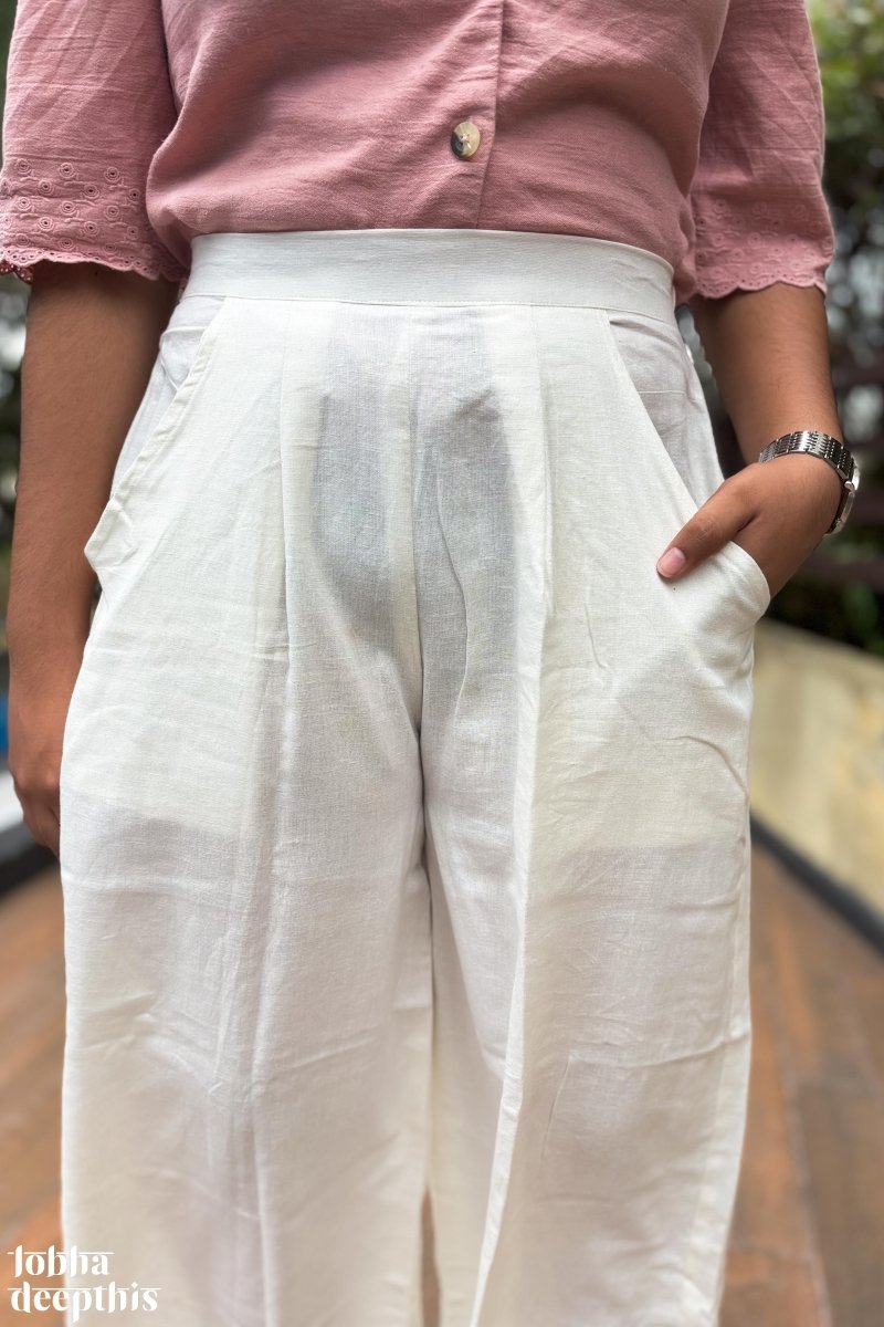 Off White Cotton Flax Parallel Pants - Lobha Deepthis