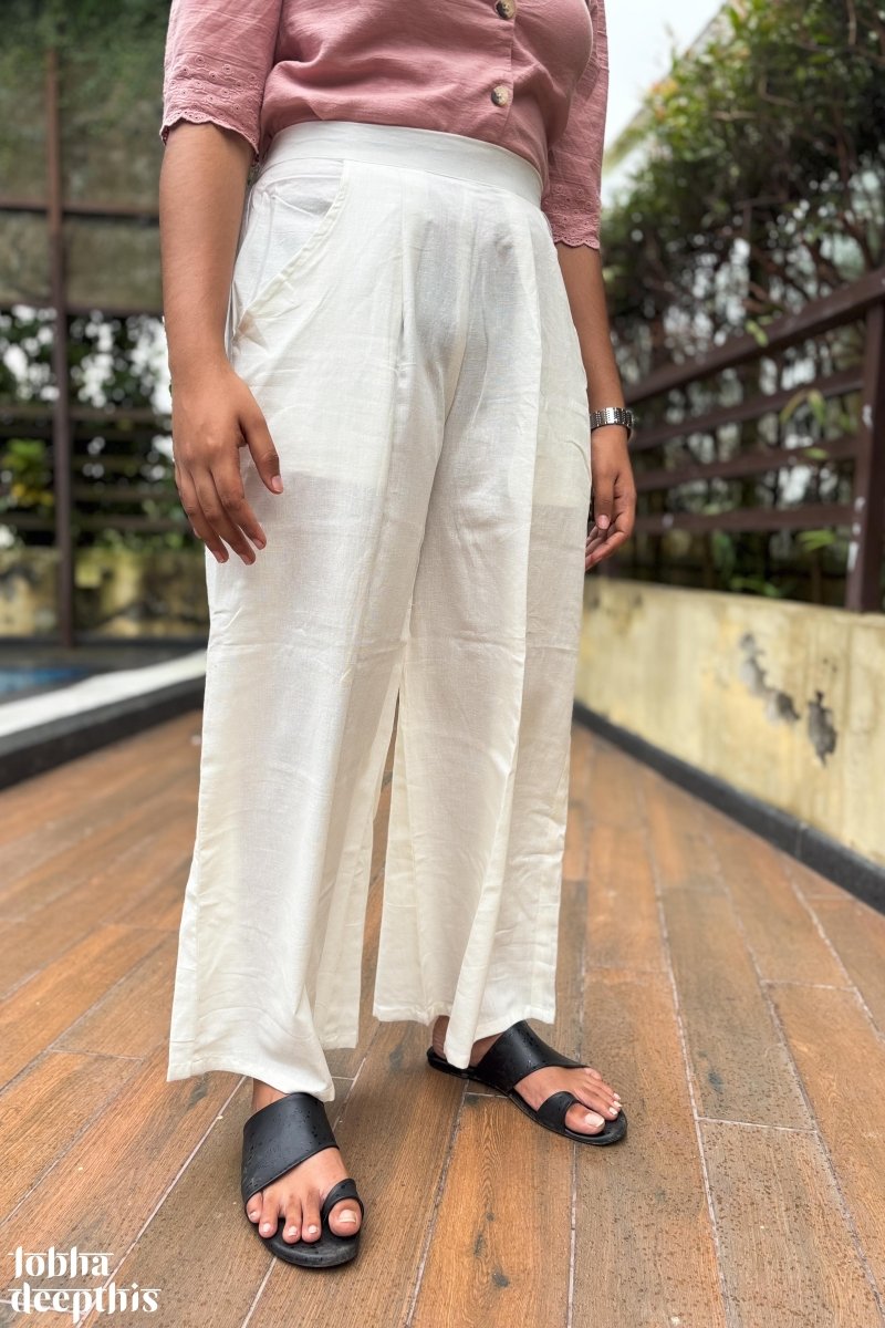 Off White Cotton Flax Parallel Pants - Lobha Deepthis