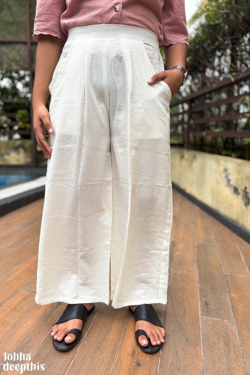 Off White Cotton Flax Parallel Pants - Lobha Deepthis