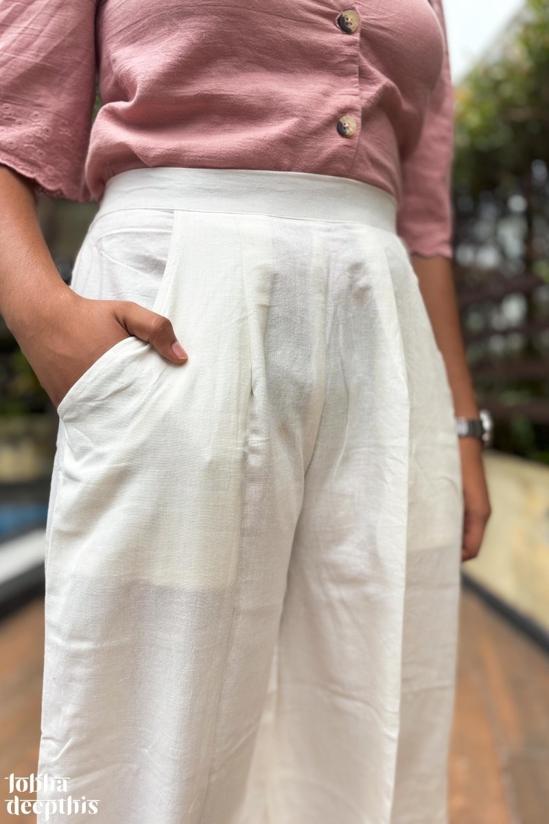 Off White Cotton Flax Parallel Pants - Lobha Deepthis