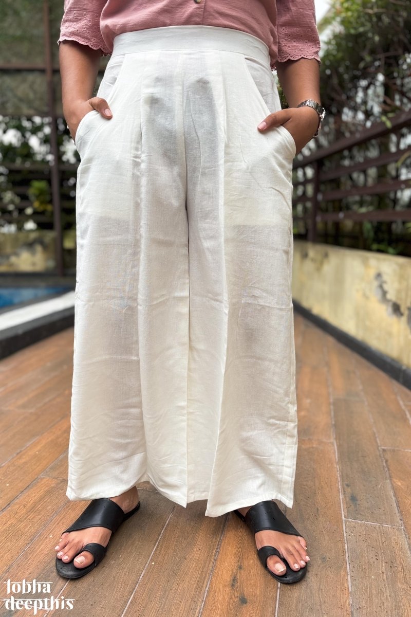 Off White Cotton Flax Parallel Pants - Lobha Deepthis