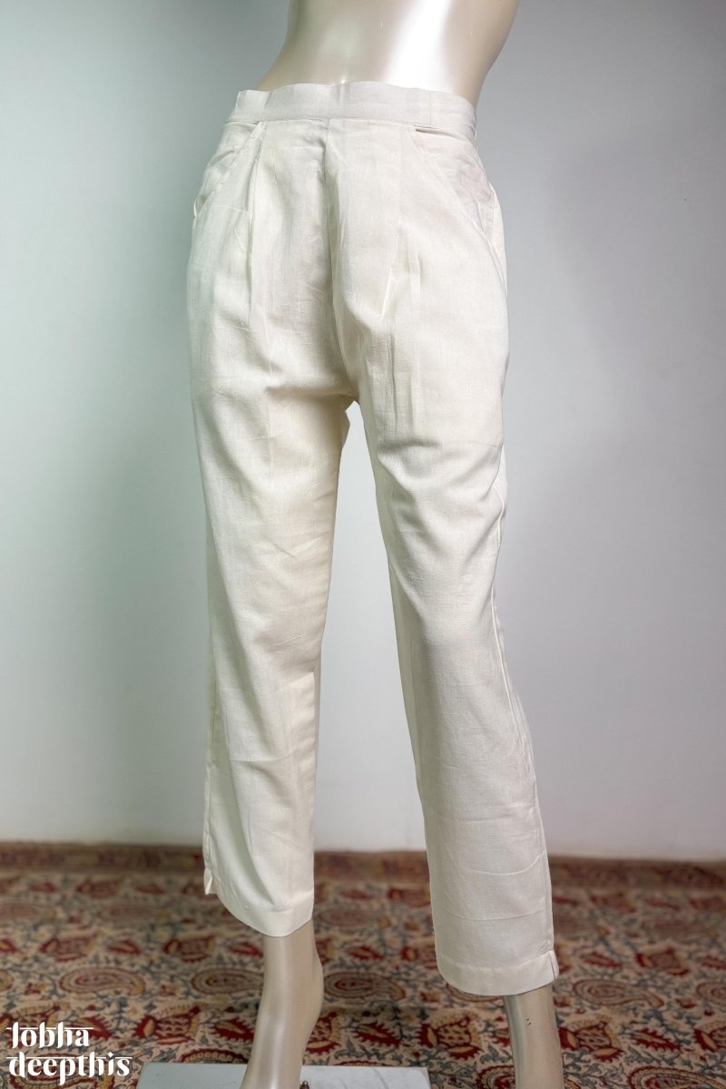 Off White Cotton Flax Pencil Pants - Lobha Deepthis