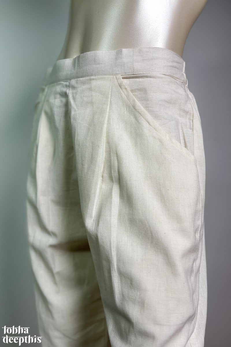 Off White Cotton Flax Pencil Pants - Lobha Deepthis