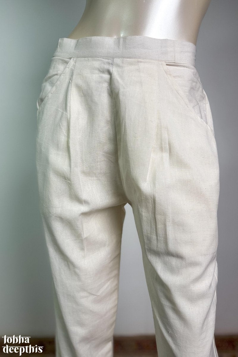 Off White Cotton Flax Pencil Pants - Lobha Deepthis