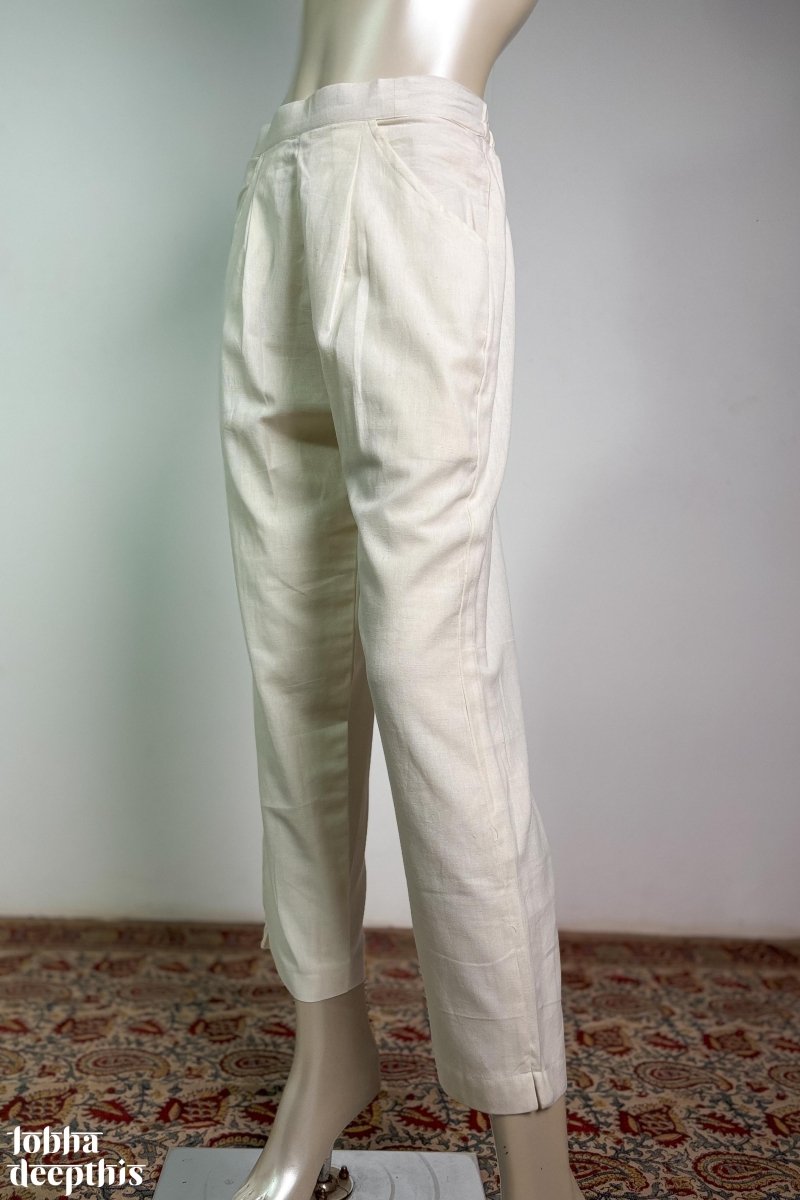 Off White Cotton Flax Pencil Pants - Lobha Deepthis