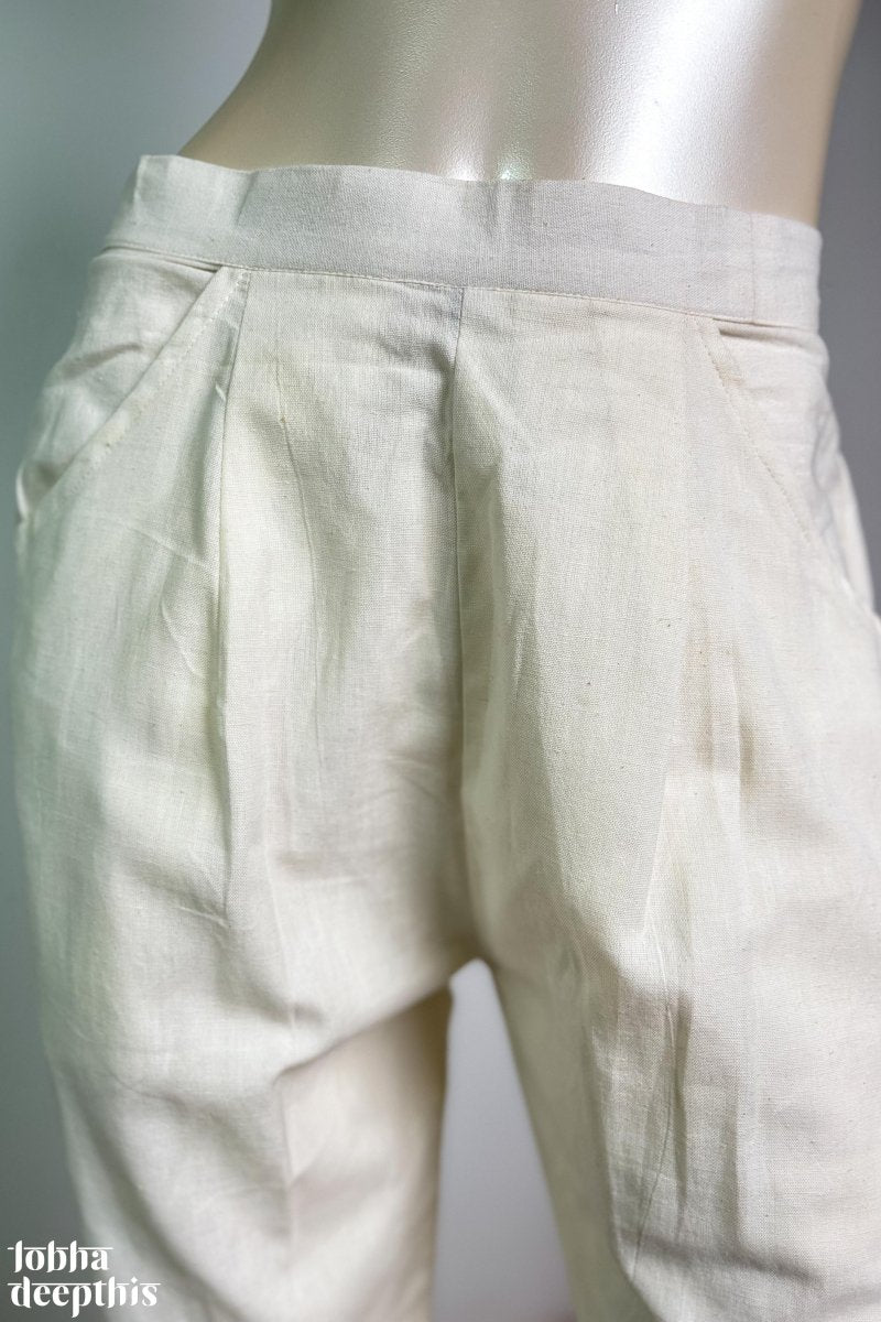 Off White Cotton Flax Pencil Pants - Lobha Deepthis