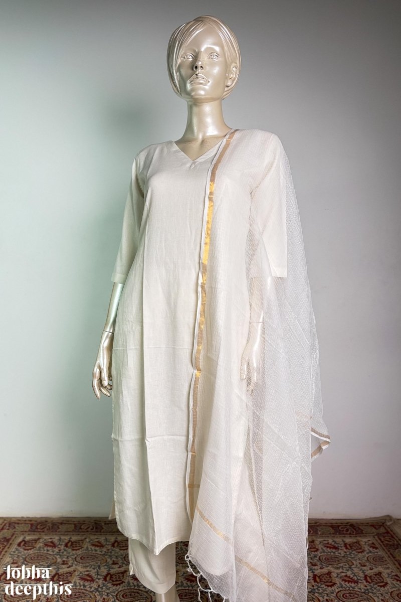 Off White Cotton Flax V Neck Kurta - Lobha Deepthis