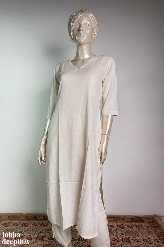 Off White Cotton Flax V Neck Kurta - Lobha Deepthis