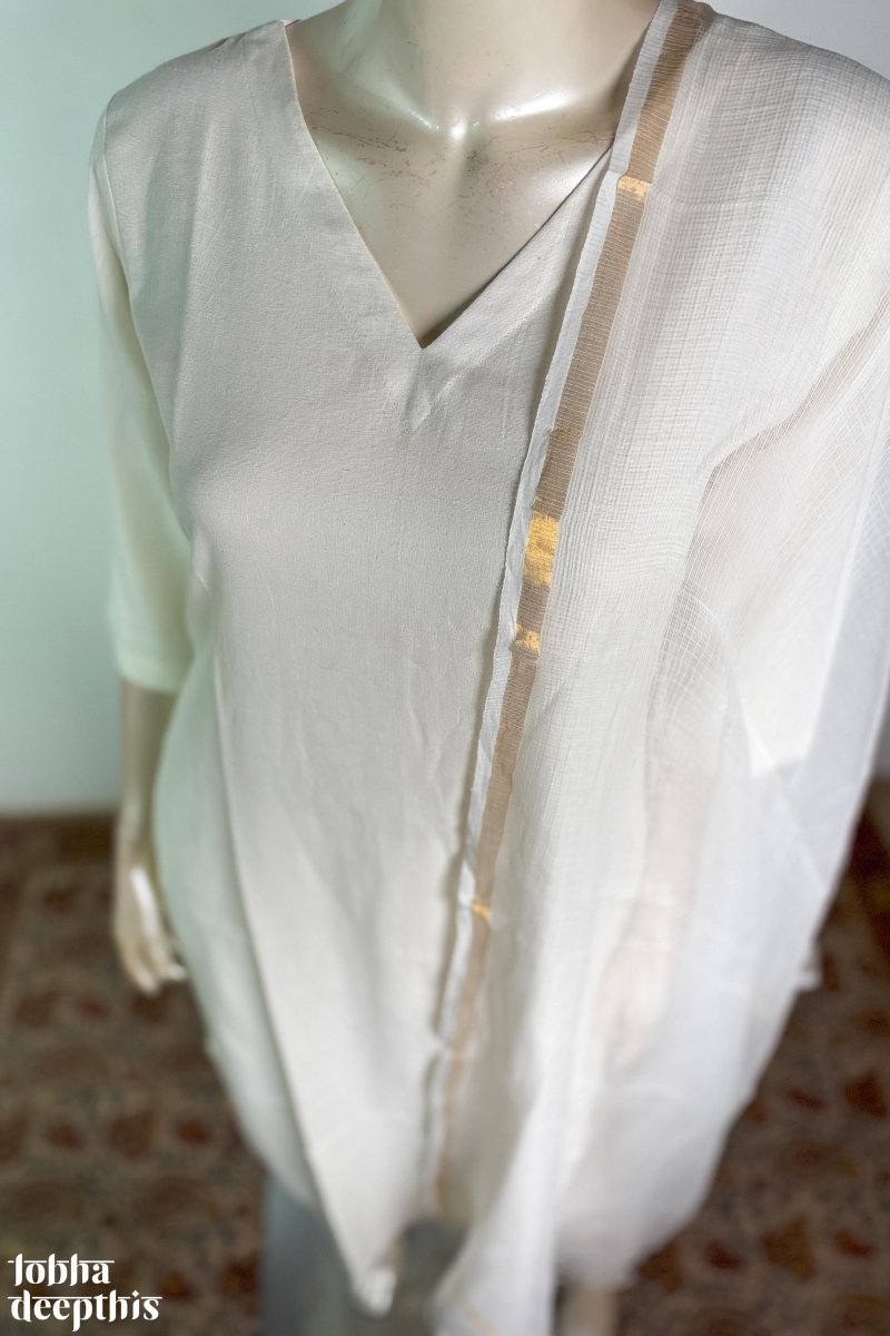 Off White Cotton Flax V Neck Kurta - Lobha Deepthis