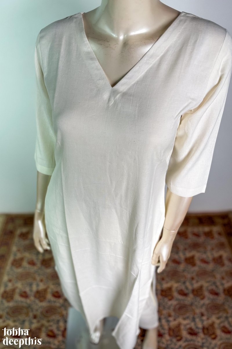 Off White Cotton Flax V Neck Kurta - Lobha Deepthis