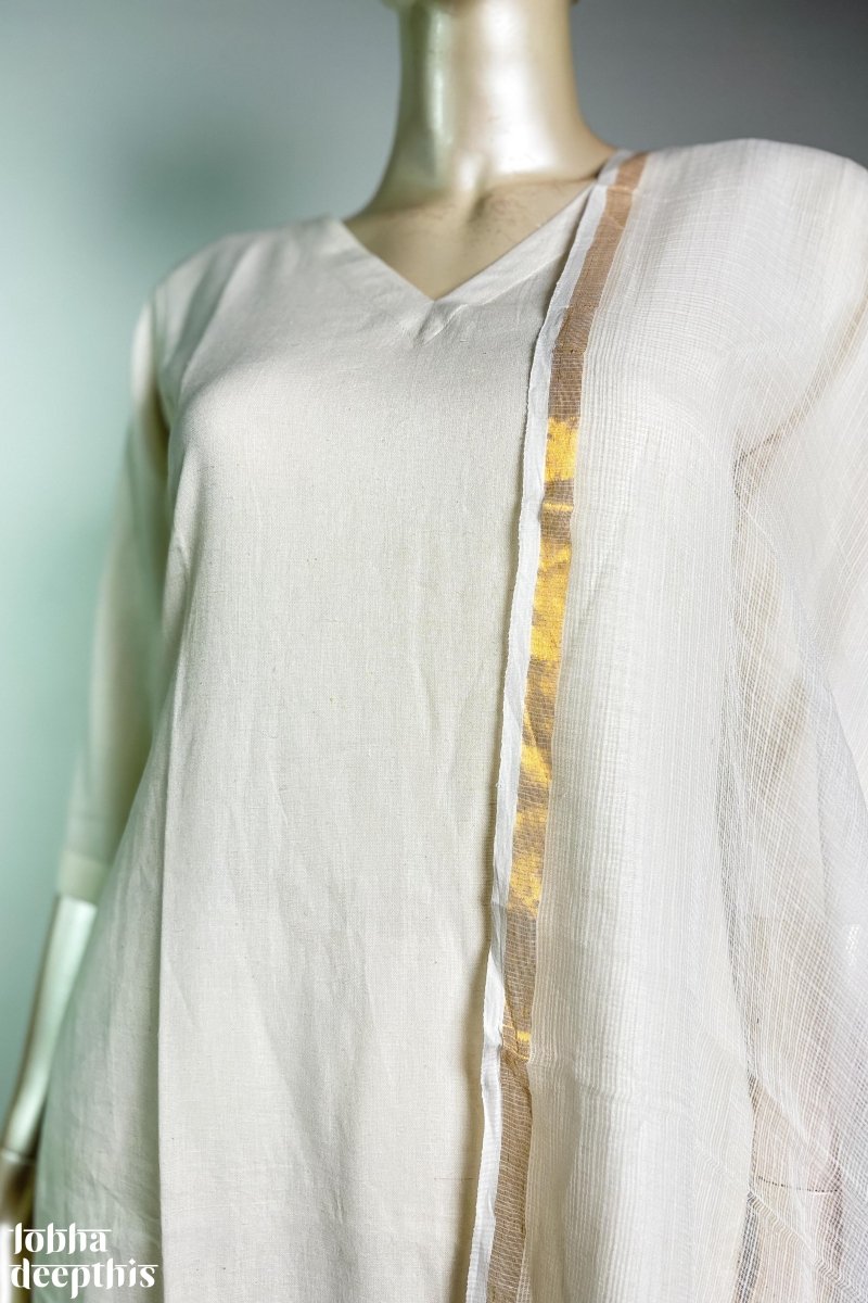 Off White Cotton Flax V Neck Kurta - Lobha Deepthis