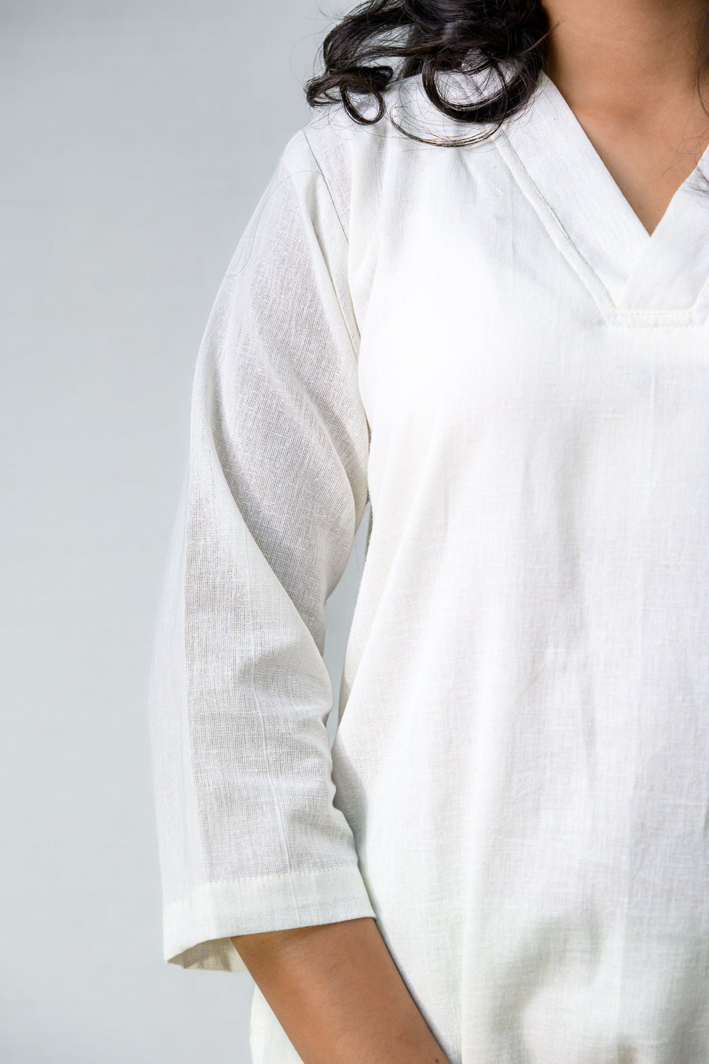 Off White Cotton Linen Collar Kurta - Lobha Deepthis