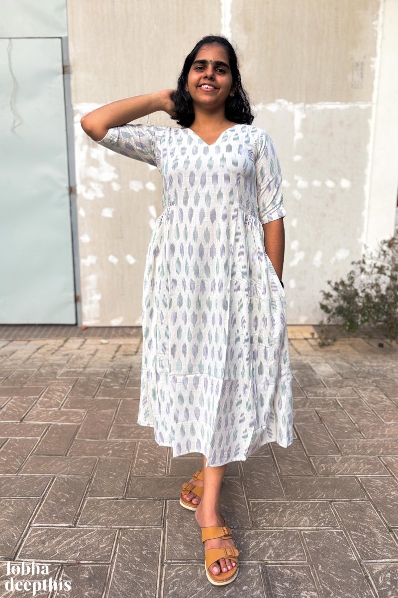 Off White Ikkat Side Pleated Pure Cotton Summer Dress- Lobha Deepthis