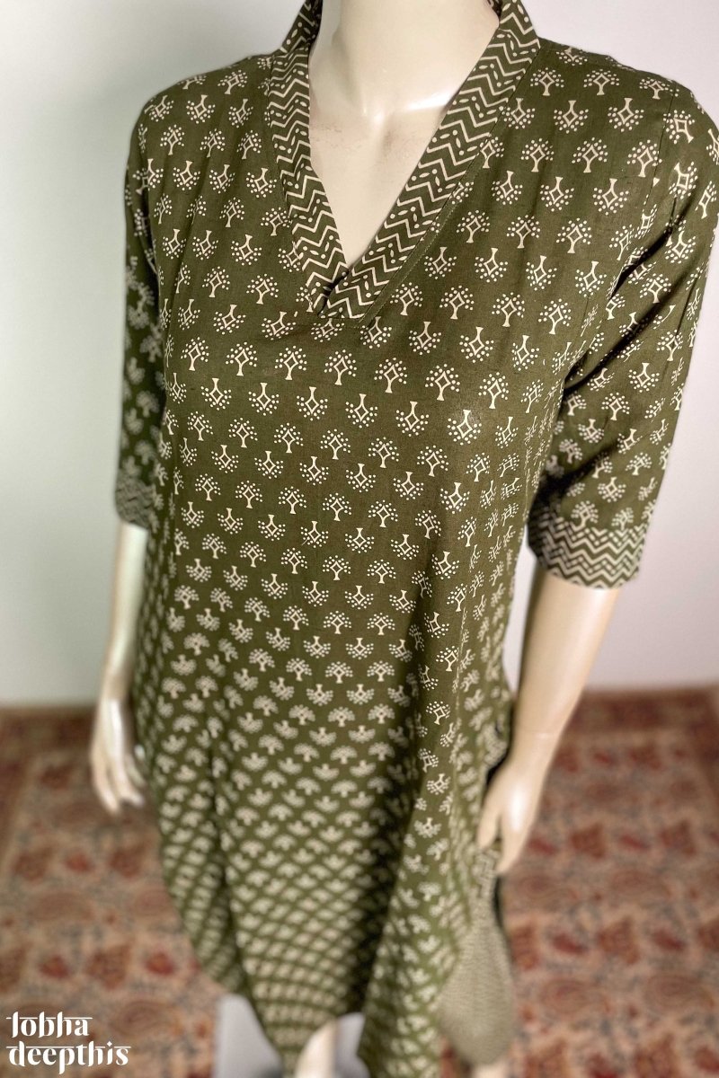 Olive Green Collar Kurta Co-ord Set - Lobha Deepthis