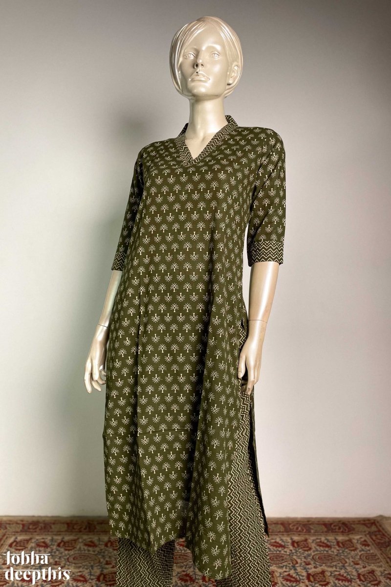 Olive Green Collar Kurta Co-ord Set - Lobha Deepthis