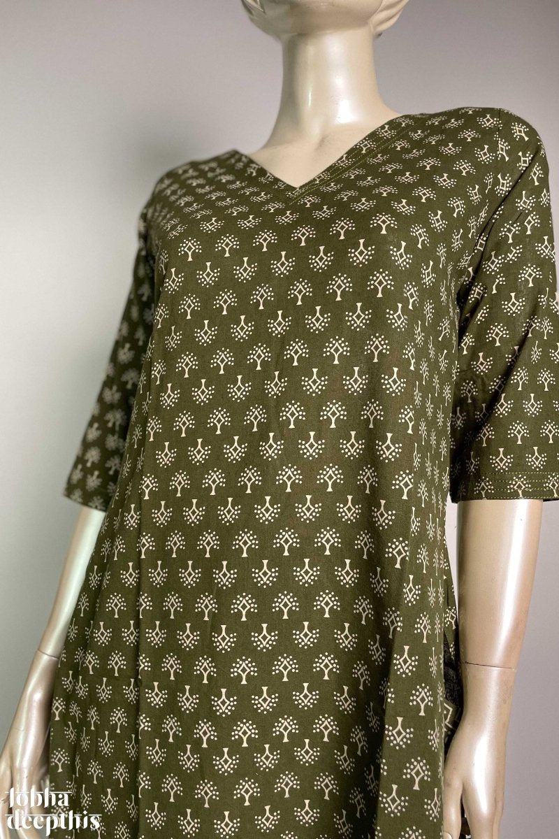 Olive Green V Neck Kurta Co-ord Set - Lobha Deepthis