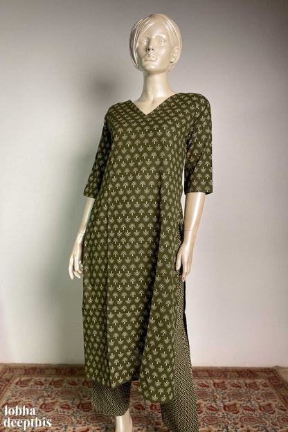 Olive Green V Neck Kurta Co-ord Set - Lobha Deepthis