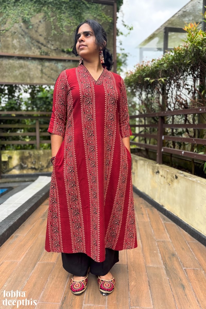 Paisley Stripes Madder Red Aline Kurta - Lobha Deepthis