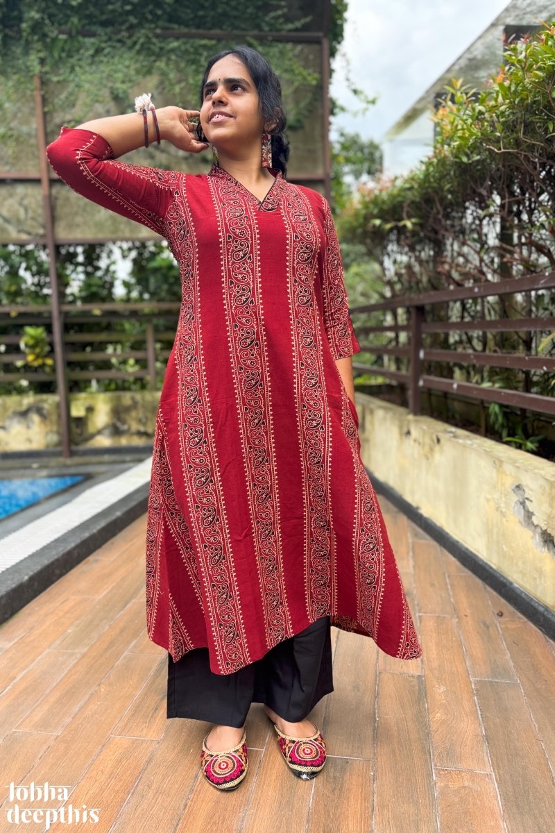 Paisley Stripes Madder Red Aline Kurta - Lobha Deepthis