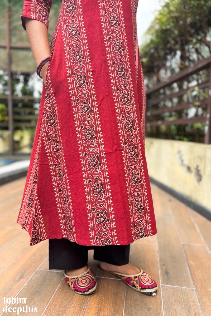 Paisley Stripes Madder Red Aline Kurta - Lobha Deepthis