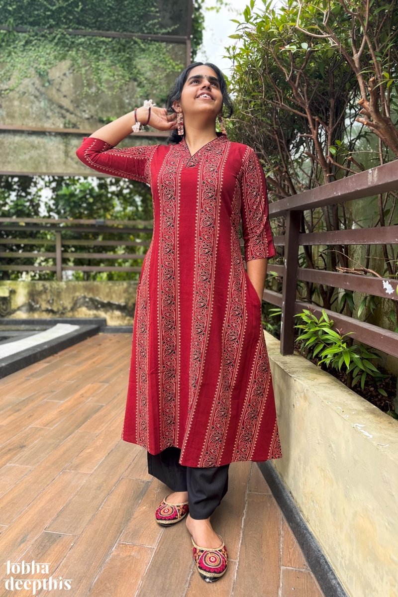 Paisley Stripes Madder Red Aline Kurta - Lobha Deepthis