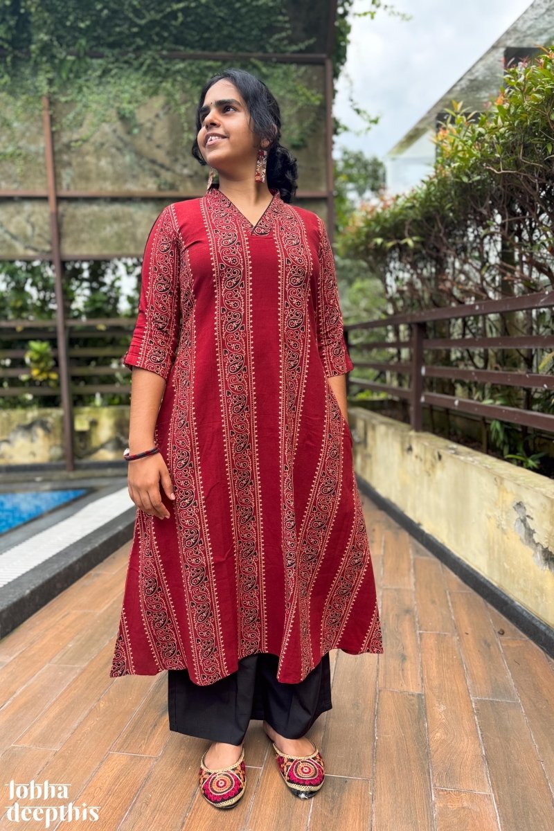 Paisley Stripes Madder Red Aline Kurta - Lobha Deepthis