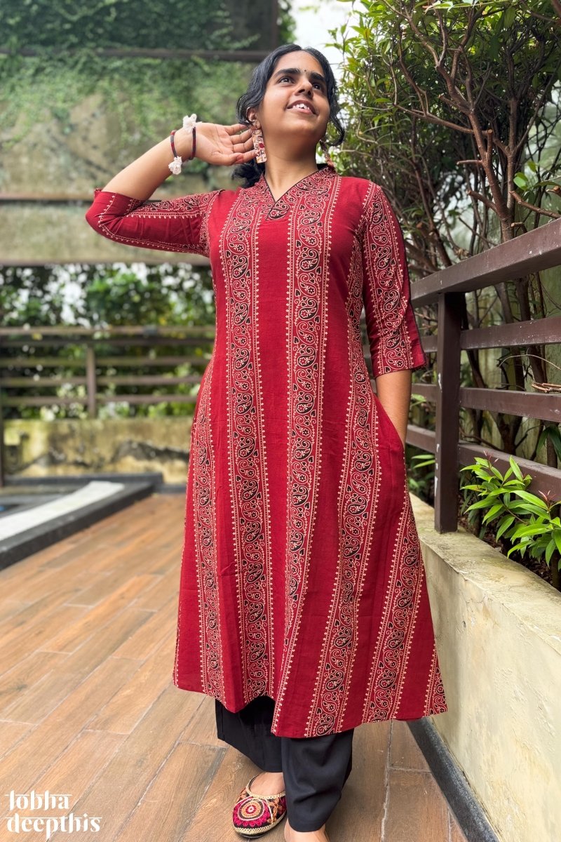 Paisley Stripes Madder Red Aline Kurta - Lobha Deepthis