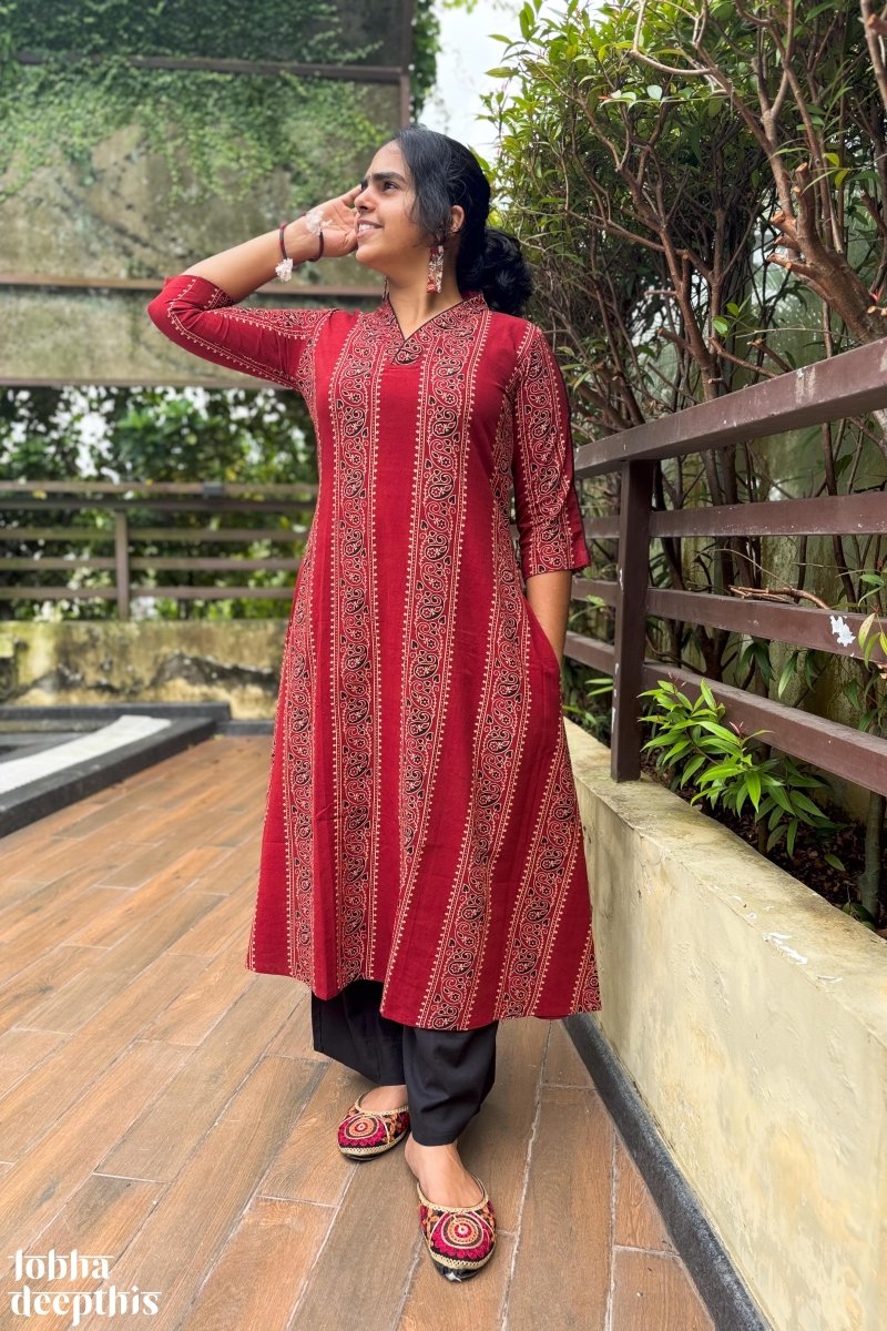 Paisley Stripes Madder Red Aline Kurta - Lobha Deepthis