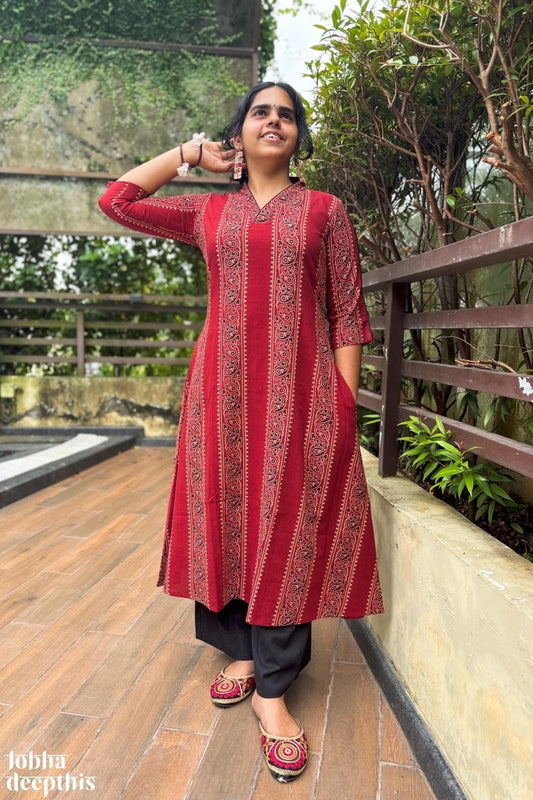 Paisley Stripes Madder Red Aline Kurta - Lobha Deepthis