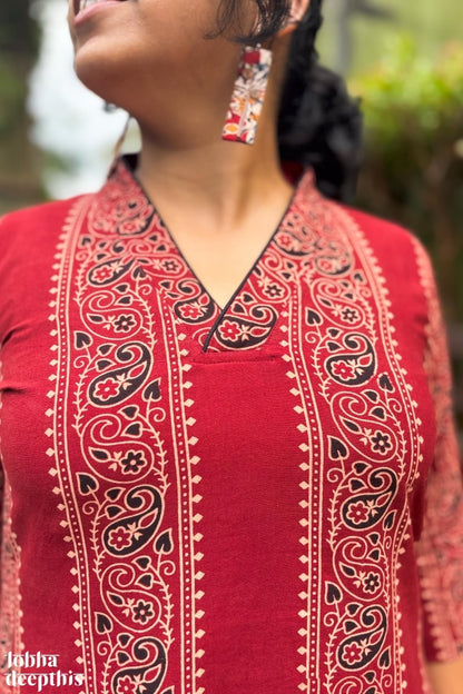 Paisley Stripes Madder Red Aline Kurta - Lobha Deepthis