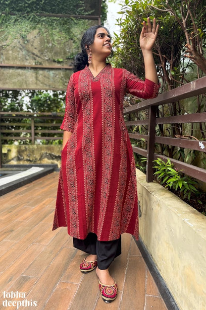 Paisley Stripes Madder Red Aline Kurta - Lobha Deepthis