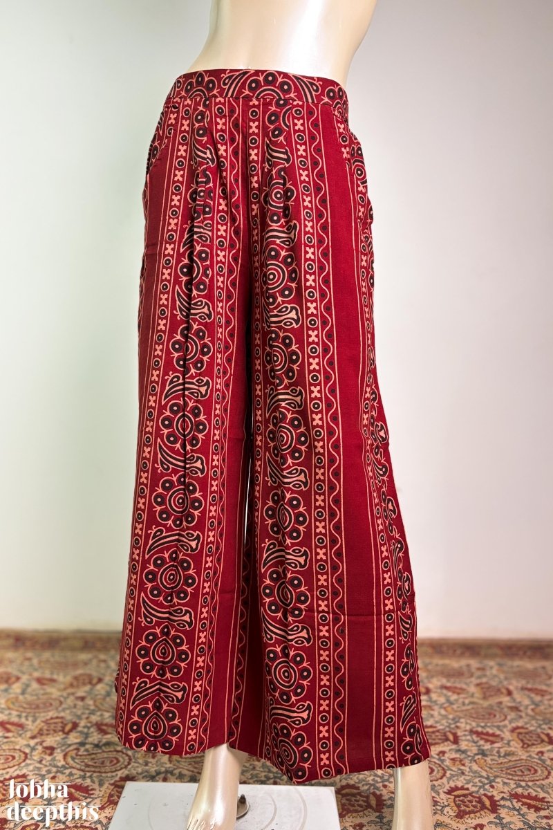 Paisley Stripes Madder Red Cotton Parallel Pants - Lobha Deepthis