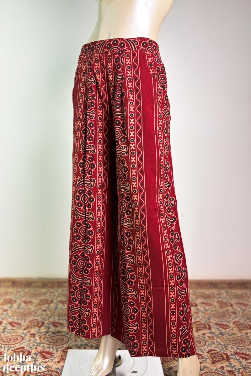 Paisley Stripes Madder Red Cotton Parallel Pants - Lobha Deepthis