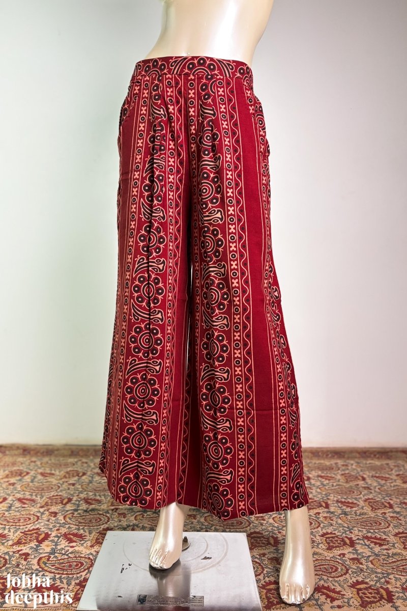 Paisley Stripes Madder Red Cotton Parallel Pants - Lobha Deepthis