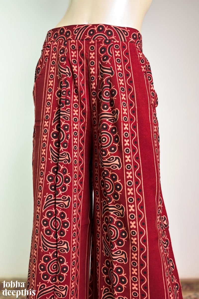 Paisley Stripes Madder Red Cotton Parallel Pants - Lobha Deepthis