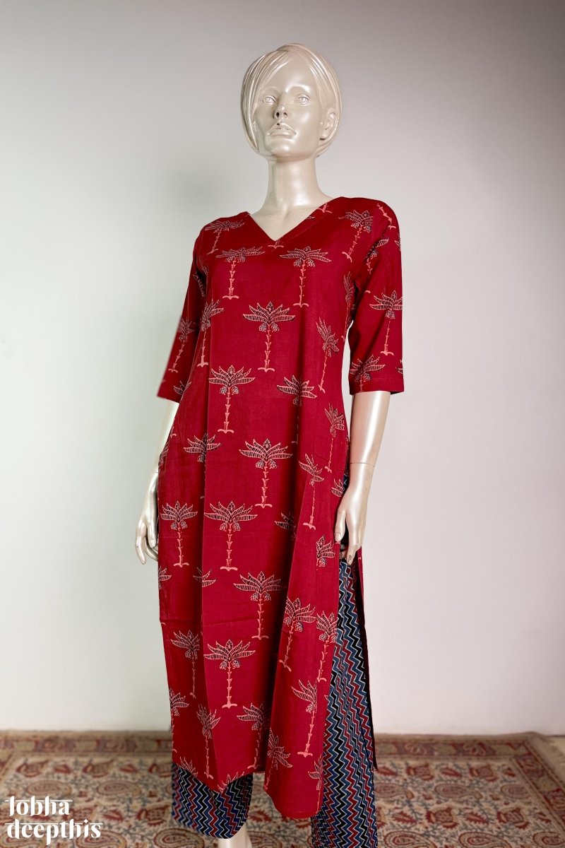 Palms on Madder Straight Kurta - Lobha Deepthis