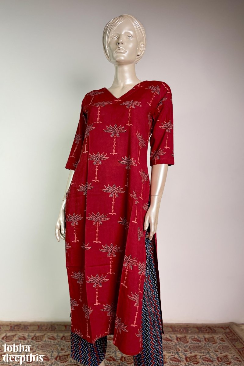 Palms on Madder Straight Kurta - Lobha Deepthis