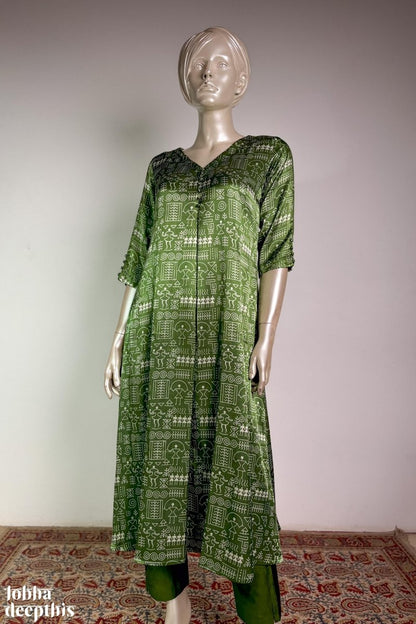 Parrot Green Mashru Silk Box Pleated Kurta - Lobha Deepthis