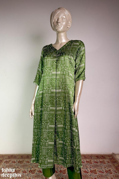 Parrot Green Mashru Silk Box Pleated Kurta - Lobha Deepthis