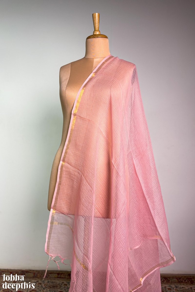 Peach Pink Plain Kota Doria Dupatta - Lobha Deepthis