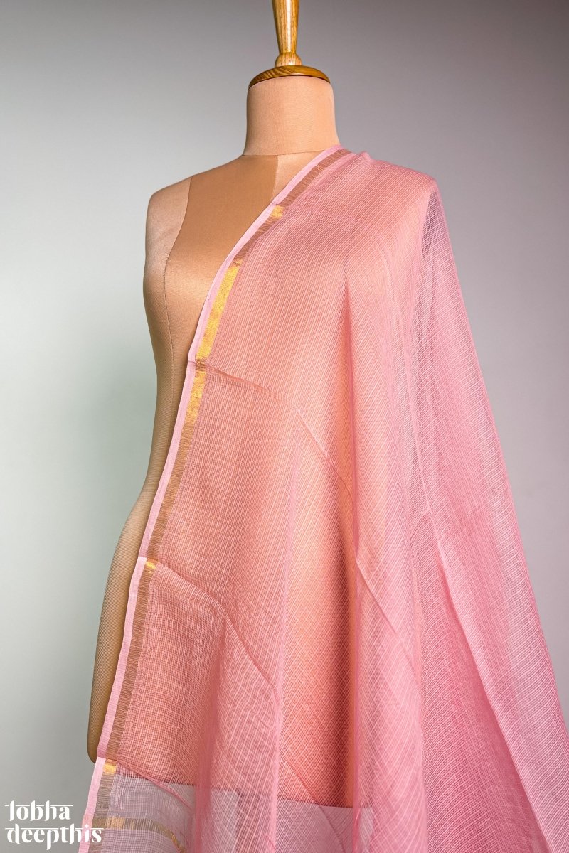 Peach Pink Plain Kota Doria Dupatta - Lobha Deepthis