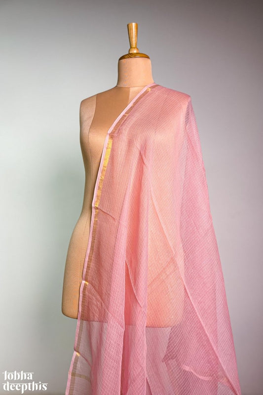 Peach Pink Plain Kota Doria Dupatta - Lobha Deepthis