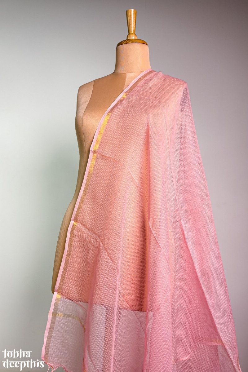 Peach Pink Plain Kota Doria Dupatta - Lobha Deepthis