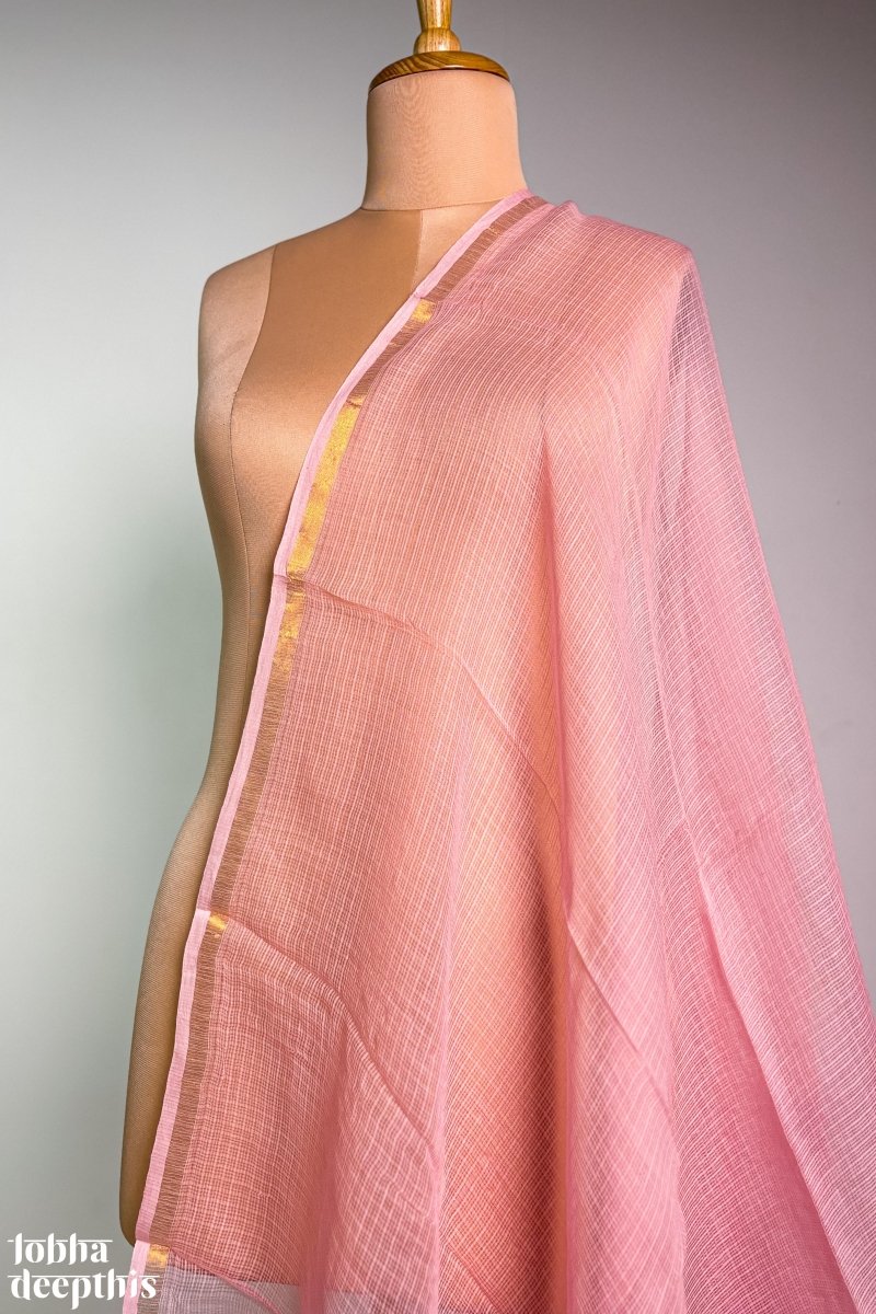 Peach Pink Plain Kota Doria Dupatta - Lobha Deepthis