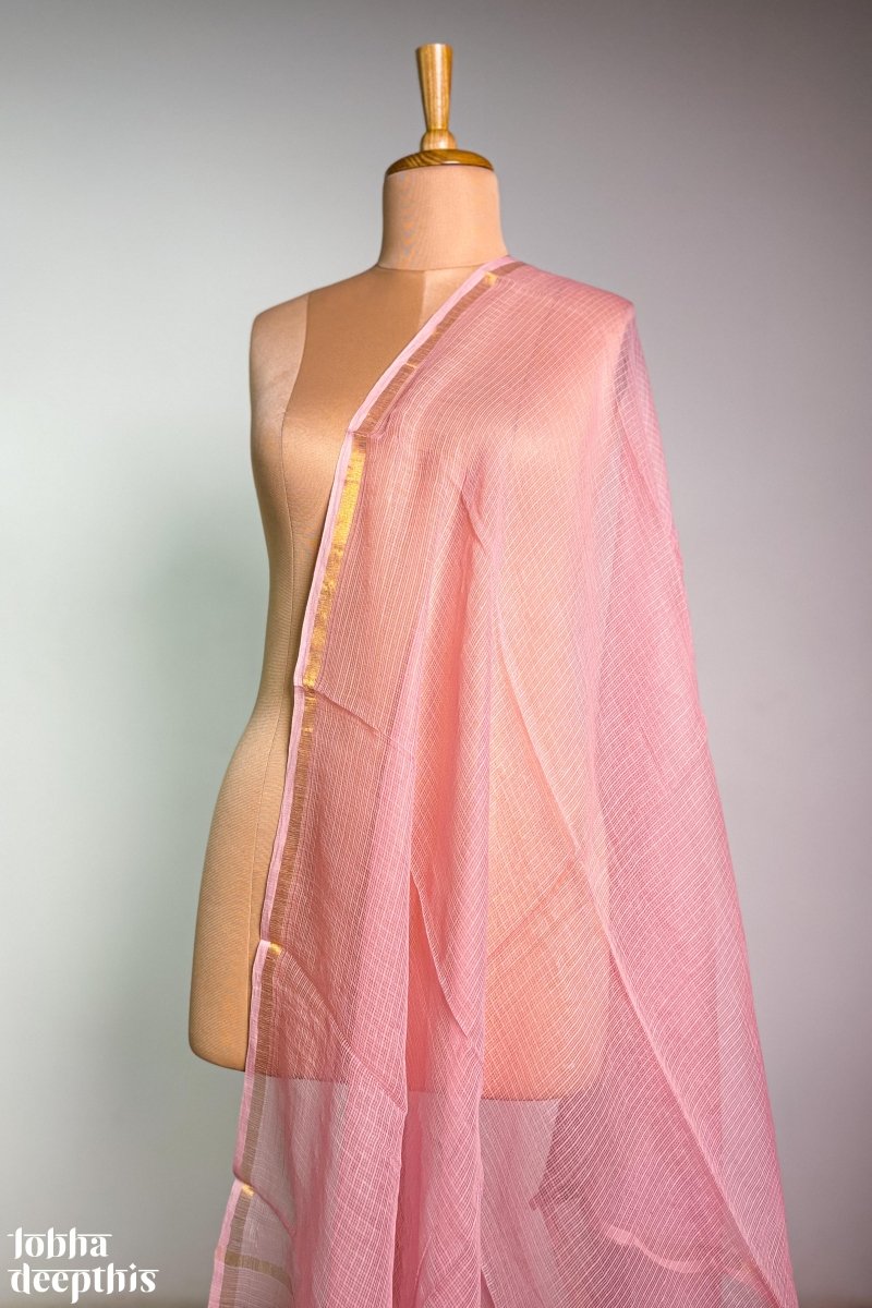 Peach Pink Plain Kota Doria Dupatta - Lobha Deepthis