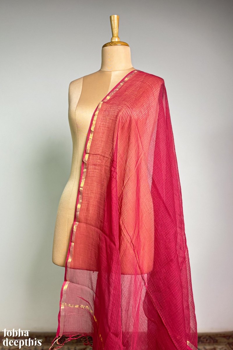 Peach Pink Plain Kota Doria Dupatta - Lobha Deepthis